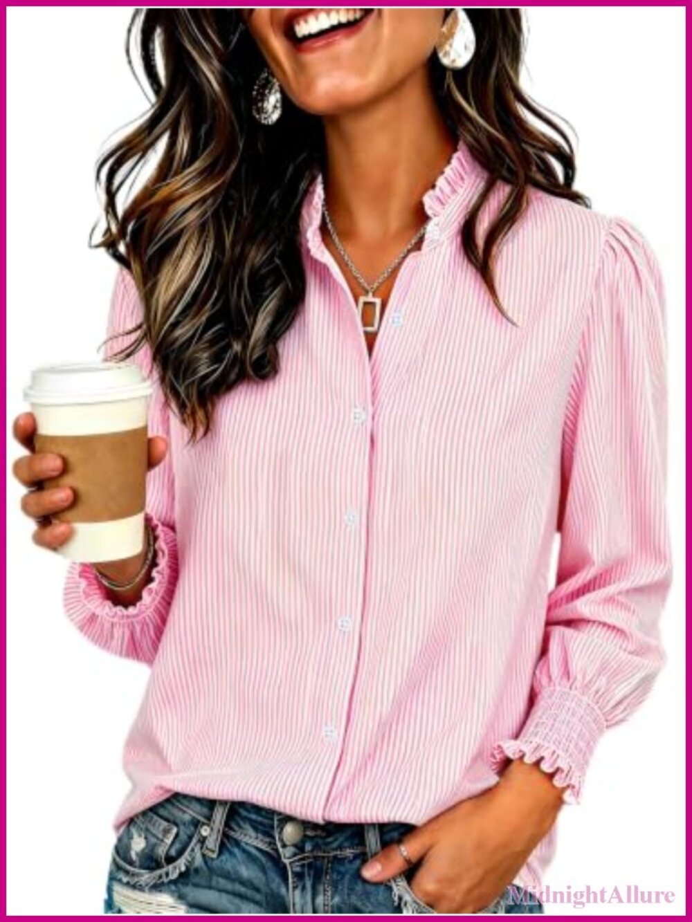 Women Ultra Soft Striped Long Sleeve Ruffle Button Down Blouse